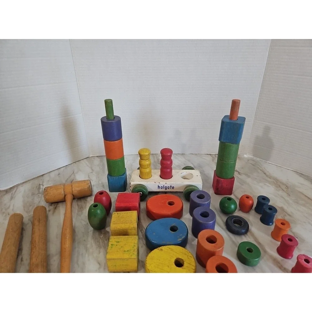 Vtg Lot Of Wooden & holgate  Building Blocks Different Sizes & Shapes 38 Pcs